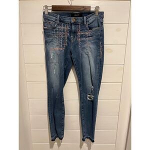 WOMENS J BRAND PULSE BOHO‎ CAPRI RAW HEM DISTRESSED EMBROIDERED JEANS SZ 28